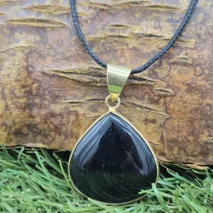 Black Obsidian Brass Necklace, Black Crystal Necklace for Him and Her