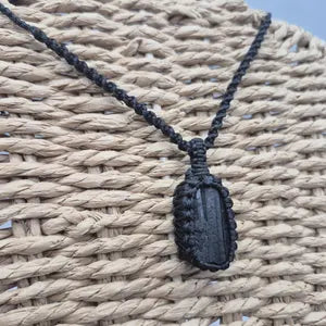 Black Tourmaline Rough Stone Macrame Necklace, Protection Necklace, Handmade Wrapped Black Crystal Necklace