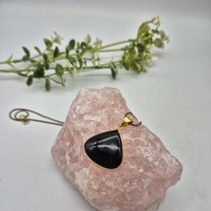 Black Tourmaline Brass Necklace with Brass Chain – 48cm – Handmade Crystal Pendant