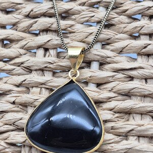 Black Tourmaline Brass Necklace with Brass Chain – 48cm – Handmade Crystal Pendant