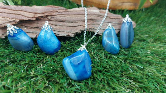 Halskette aus Sterlingstahl mit natürlichem Achat, blau, Heilung, polierter Kristall, Zubehör, Sternzeichen, Mineralstein