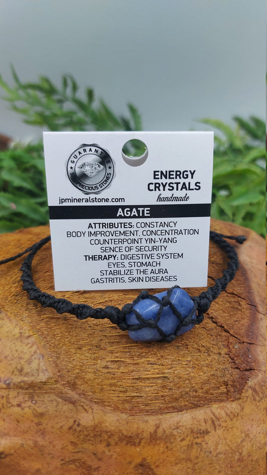 Natürlicher blauer Achat, handgefertigt, Makramee-Armband, Heilkristall, Zubehör, Sternzeichen, Mineralstein