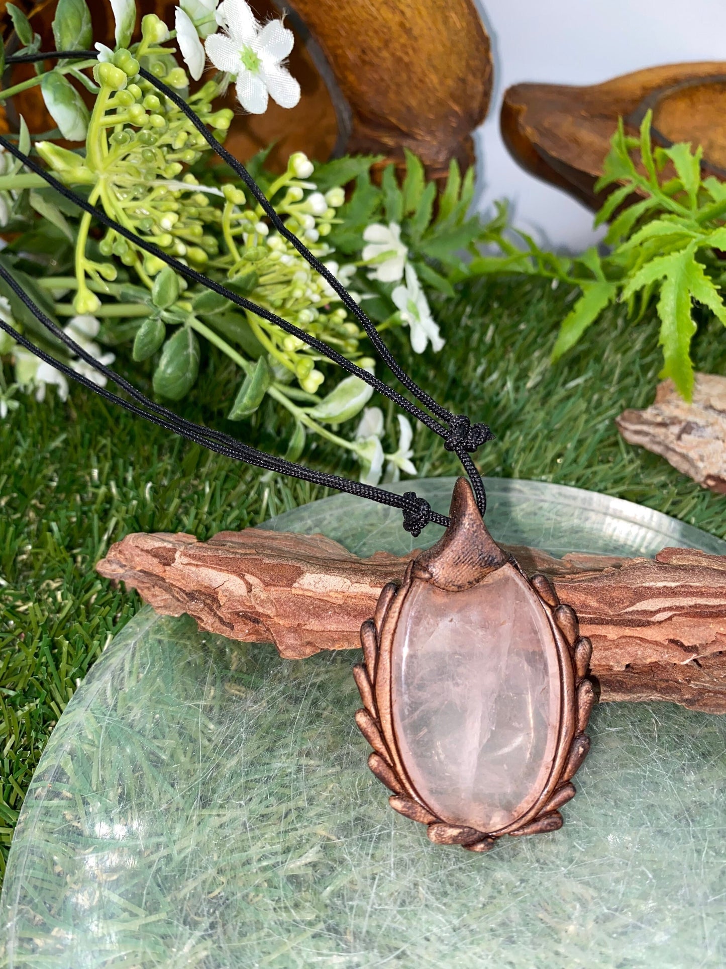 Φυσικό χειροποίητο κολιέ- Capuchon Cut Pink Quartz Stone - Healing Stone - Ιδέα δώρου - Προστασία