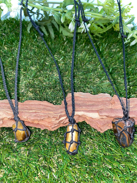 Tiger Eye Polished Mineral Stone Brazilian Crystal Healing Makrame τυλιγμένο κολιέ προστασίας δώρου