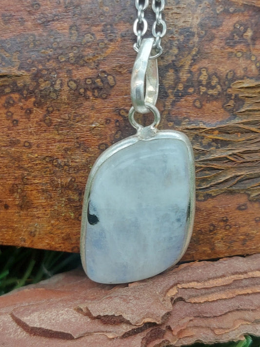 Mondstein mit schwarzem Turmalin Sterling Silber 925 Anhänger Cabochonschliff Heilkristall