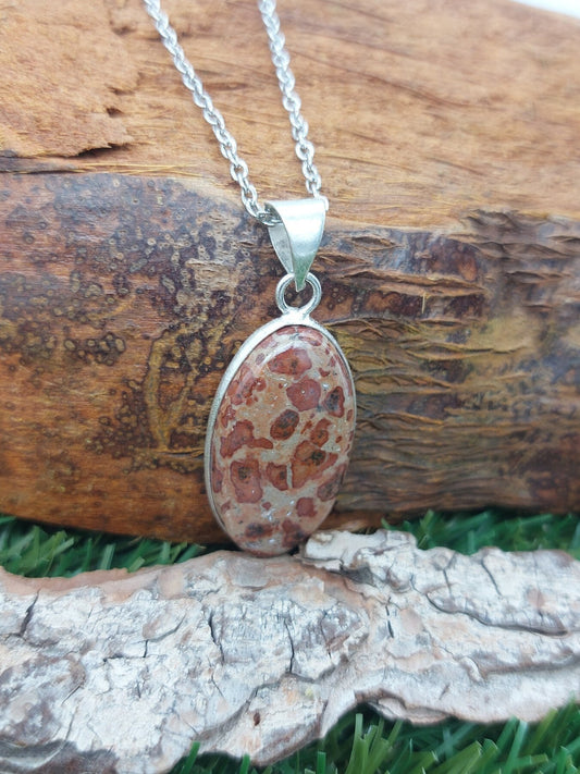Versilberte Halskette mit Leopardenfell-Jaspis-Kristall