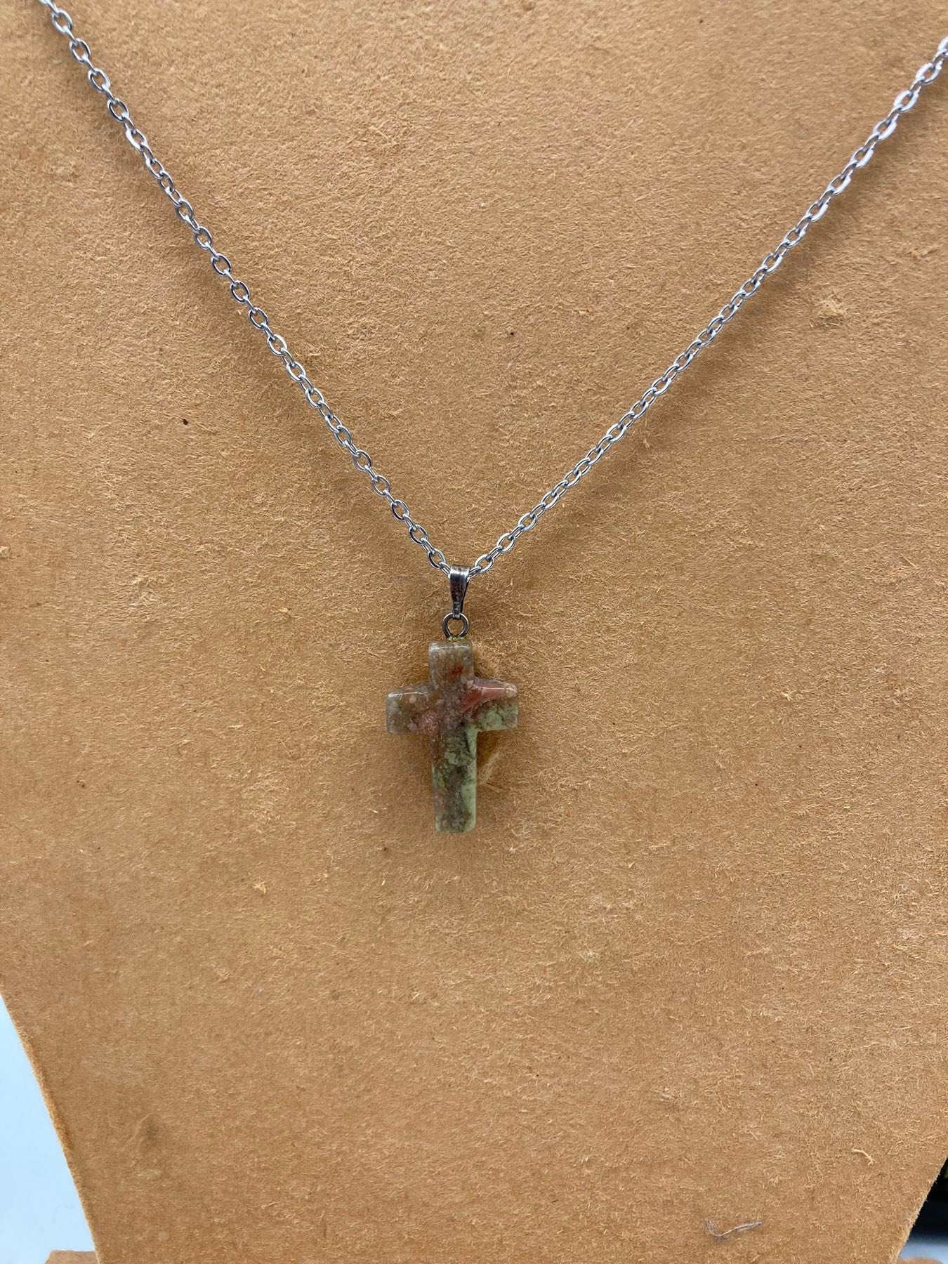 Κολιέ Unakite Jasper Crystal Cross Sterling Steel κολιέ