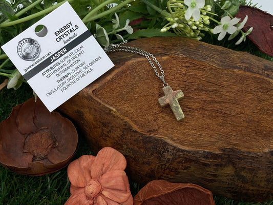 Κολιέ Unakite Jasper Crystal Cross Sterling Steel κολιέ