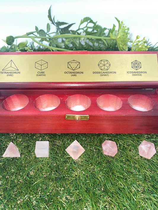 Pink Quartz Platonic Solids Sacred Geometric Set, Energy Healing κρύσταλλο, πέτρες ρέικι, σετ πέντε τσάκρα